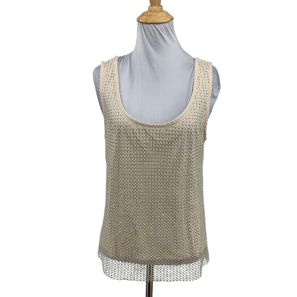 Sunday in Brooklyn Tank Top Womens S Small Beige Rhinestone Mesh Scoop Neck